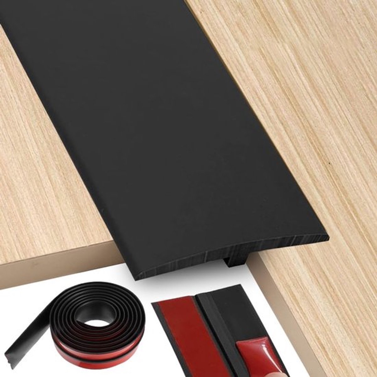 T-profiel 5 x 300 cm voor vloerovergang, zelfklevend PVC deurdrempel, aanpasbaar voor parket en laminaatvloeren (zwart)