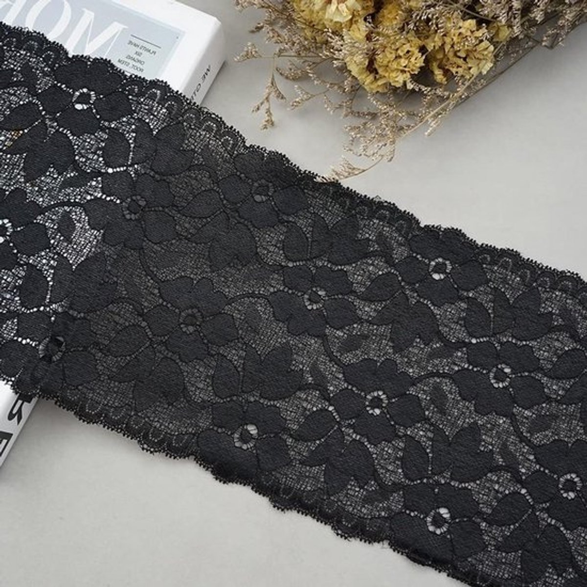Kleurvolle elastische kantband van 2 yards, 16 cm breed, voor kleding, ondergoed en tafeldecoratie, zwart