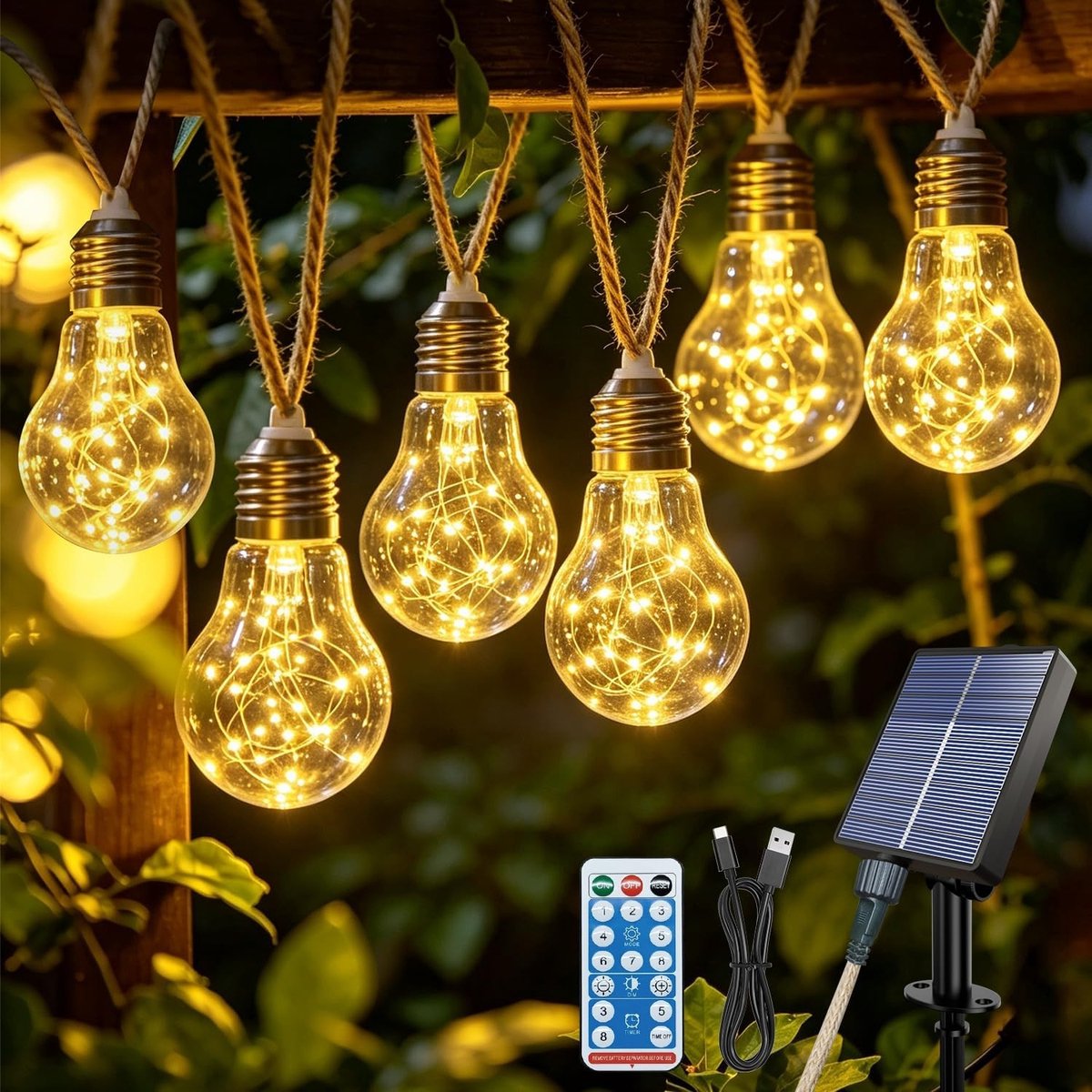 Lichtsnoer op zonne-energie voor buiten - Jute - 12,5 m - Met 20 Gloeilampen - Voor Tuinen en Terrassen