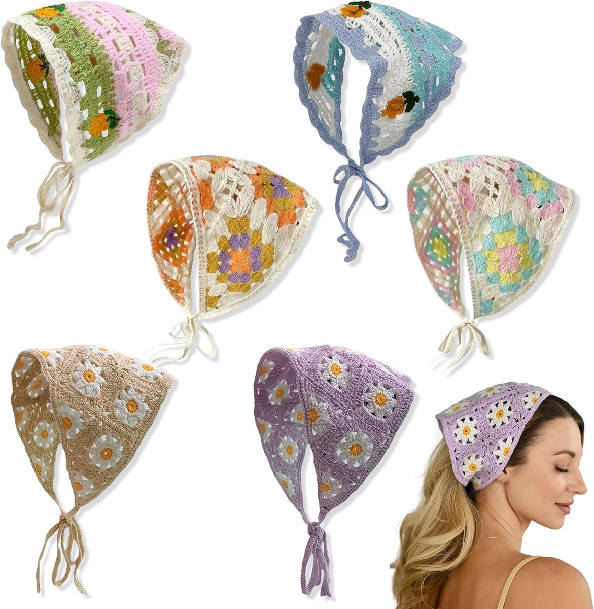 SnelShoppen - Crochet Haarbandana Set van 6 Stuks, Triangle Hoofddoek met Elastische Boho Turbaan Strik, Bloemen Haarnetje voor Vrouwen