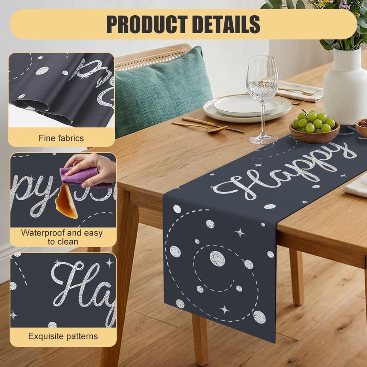 SnelShoppen - Zwart-zilveren verjaardagstafelloper 180 x 35 cm, wasbaar tafelkleed voor verjaardagen, feestelijke tafeldecoratie voor keuken, unisex,