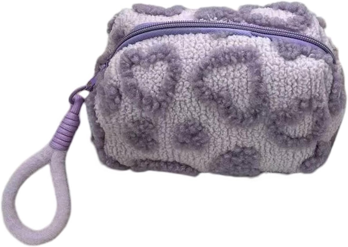 SnelShoppen - Pluche make-uptas voor dames, toilettas met hartvormig patroon, ritssluiting, handvat, paars, ideaal voor make-up, cosmetica, toiletarti