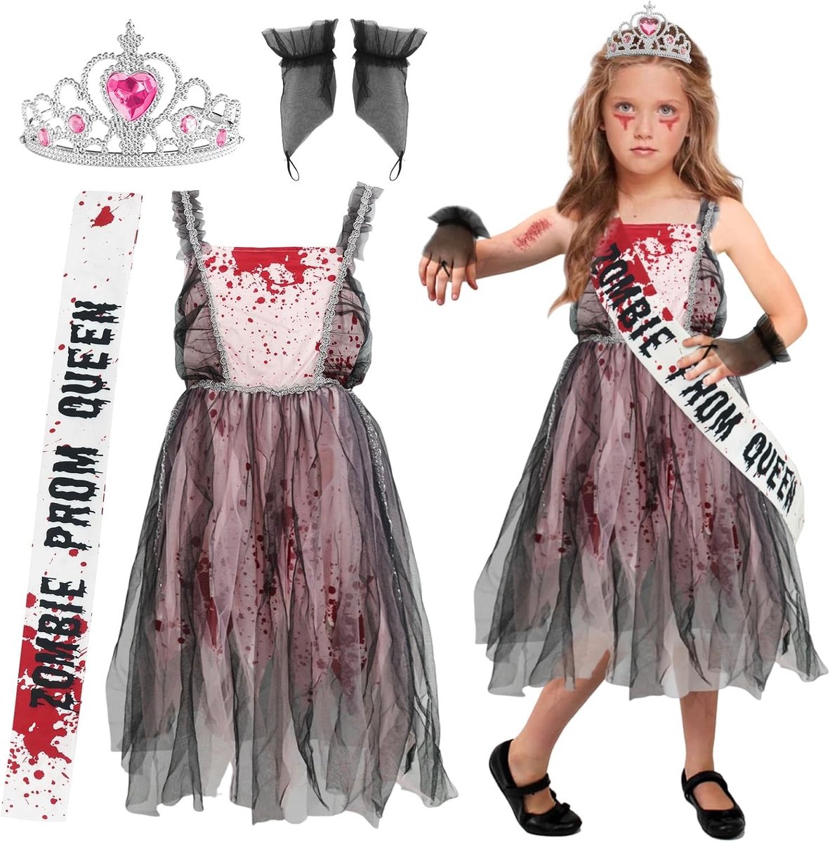 Bloody Horror Kostuum voor Meisjes met Kroon en Schouderband - Geschikt voor Carnaval, Rolspel en Themapartijen (Maat M, 7-9 Jaar)