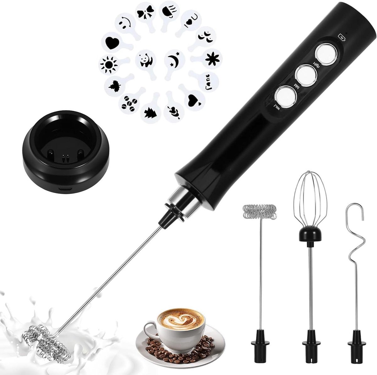 Elektrische Melkopschuimer - Handheld Opschuimer - Koffie Maken - 3 Snelheden USB Oplaadbaar - 1200 mAh Batterij - Zwart