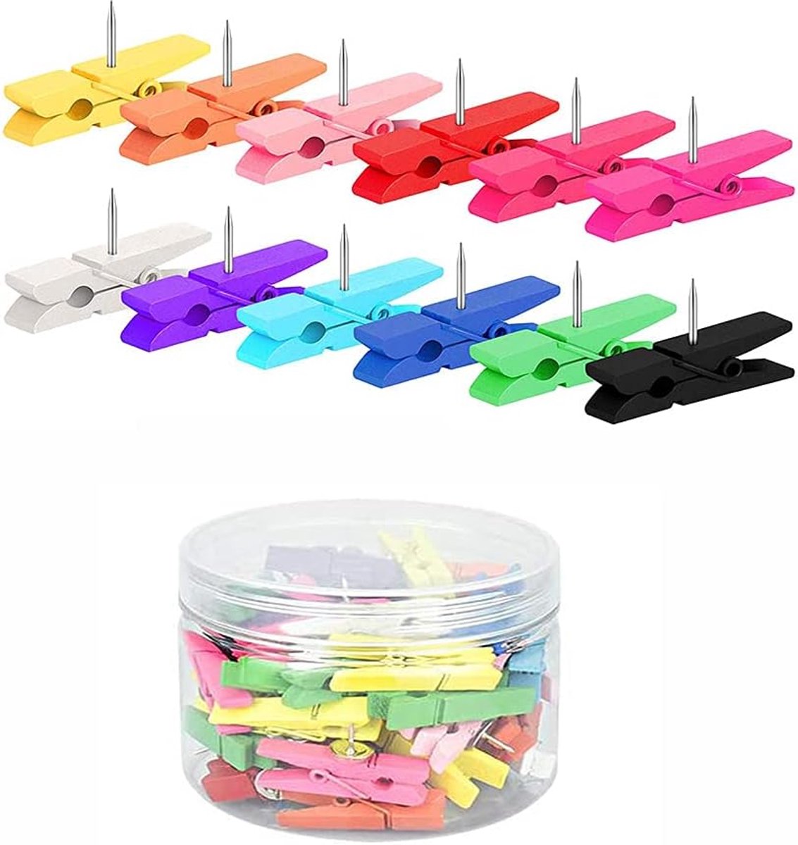 Houten clips met push pins 50 stuks - kleurige houten clips - voor prikborden en muren - ideaal voor foto's en notities - ShopVlot