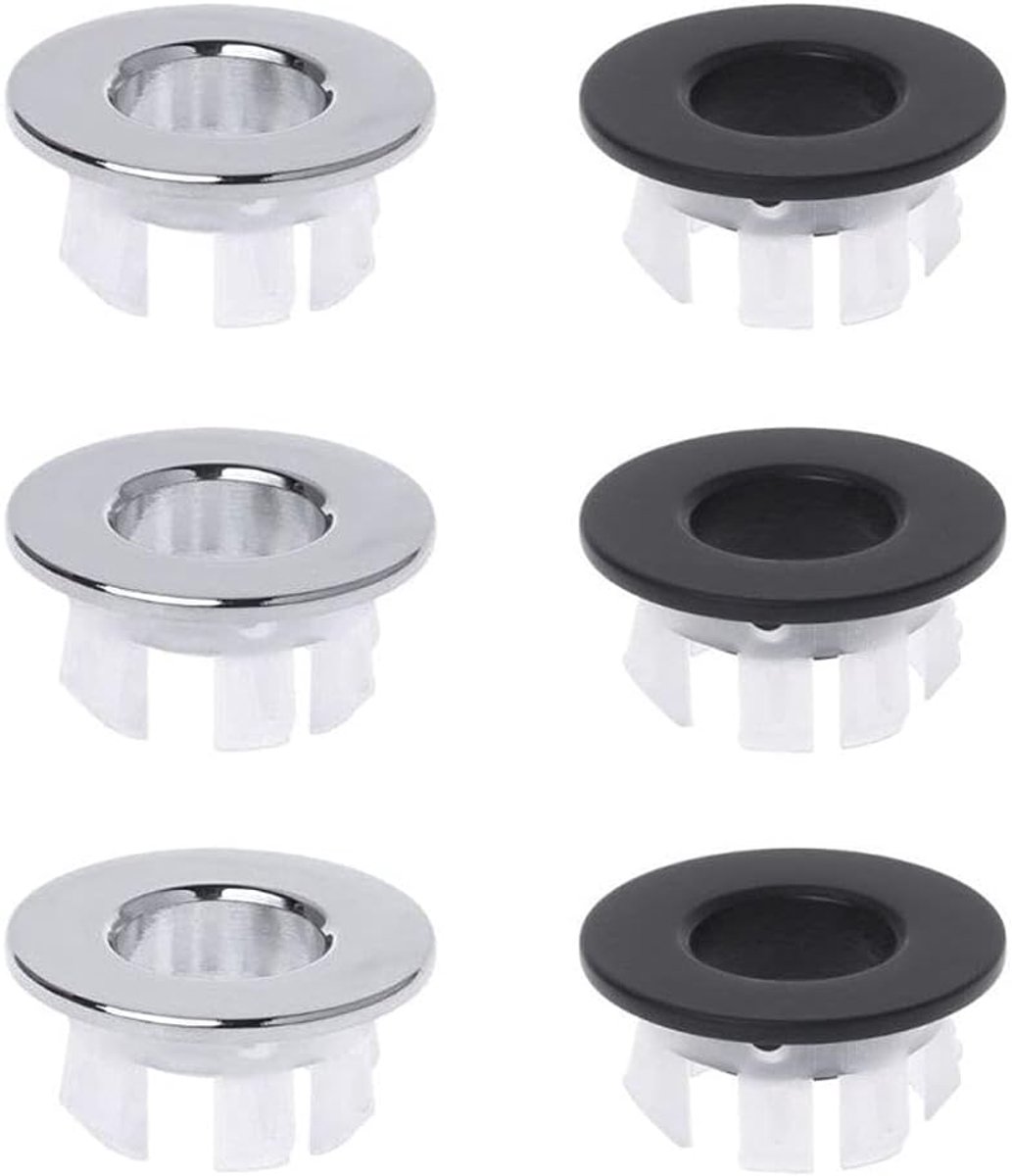 SnelShoppen - 6 Stuks Afvoerplug Voor Wasbak, Ronde Overloopdeksel, Overloopring, Verchroomd en Zwart, Geschikt Voor Afvoeropeningen 22-24 mm, Koper