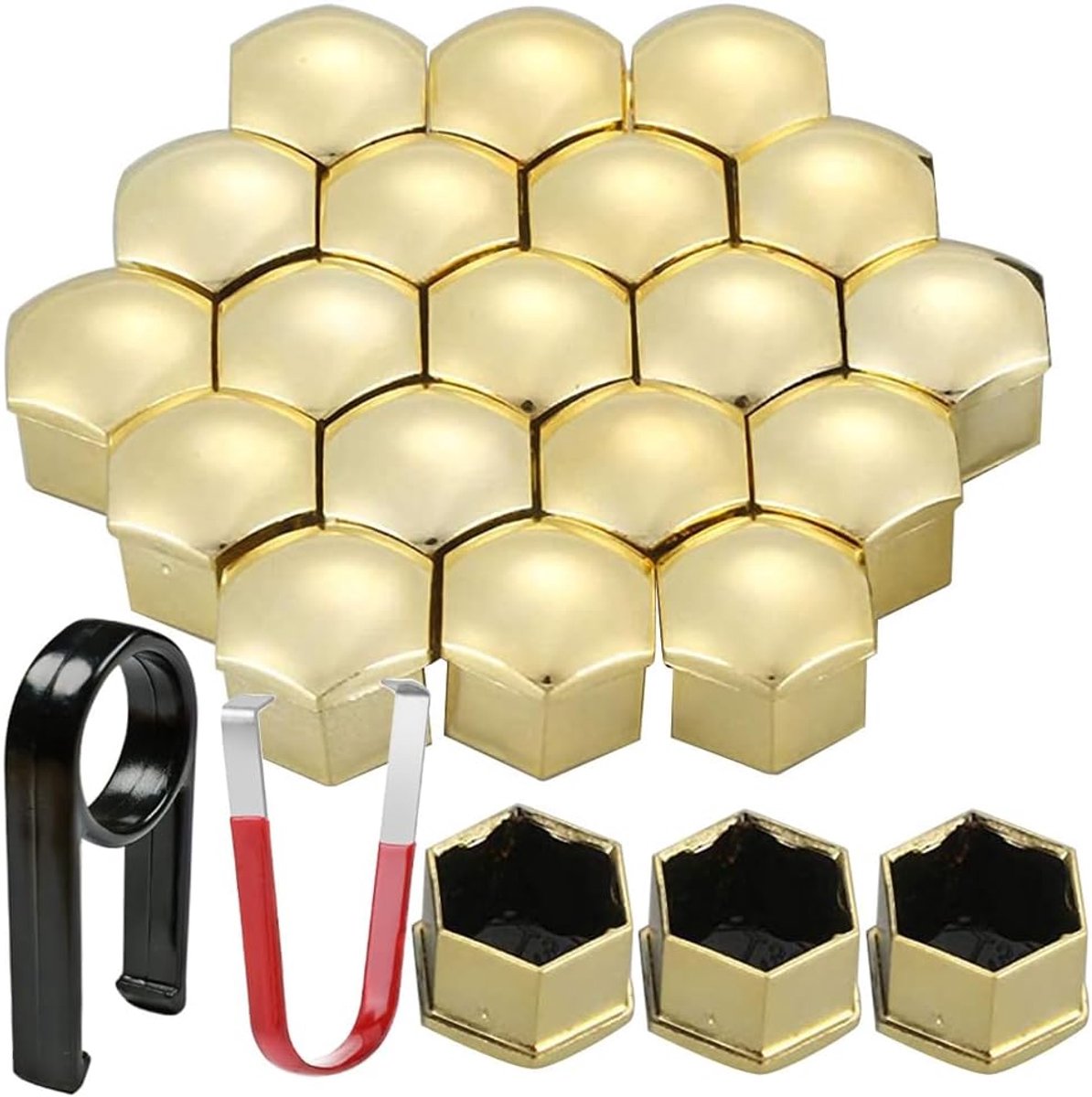 SnelShoppen - 22-delige wielmoerkappen 17mm met verwijdertoolset, hexagonale autobandmoerkappen in goud, duurzame kunststof, extra vervangcaps voor au