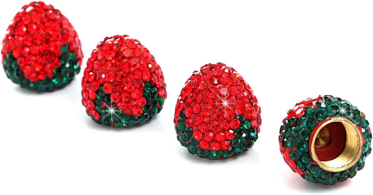 Set van 4 Rhinestone Ventieldoppen in Aardbeienvorm voor Auto's - Glanzende Metaalaccessoires voor Banden, Universele Ventieldoppen in Rood