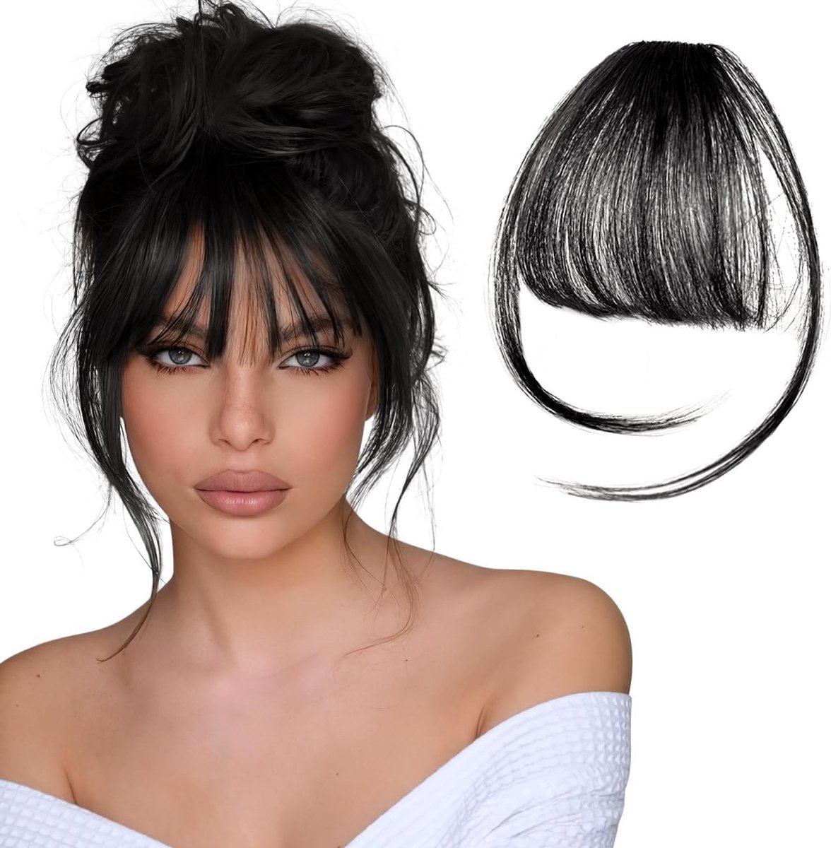 SnelShoppen - Clip-In Pony Haarextensions voor Vrouwen, Onzichtbare Haarspeld met Fringe, Voor Dagelijks Gebruik, Zwart, Hittebestendig, Realistische