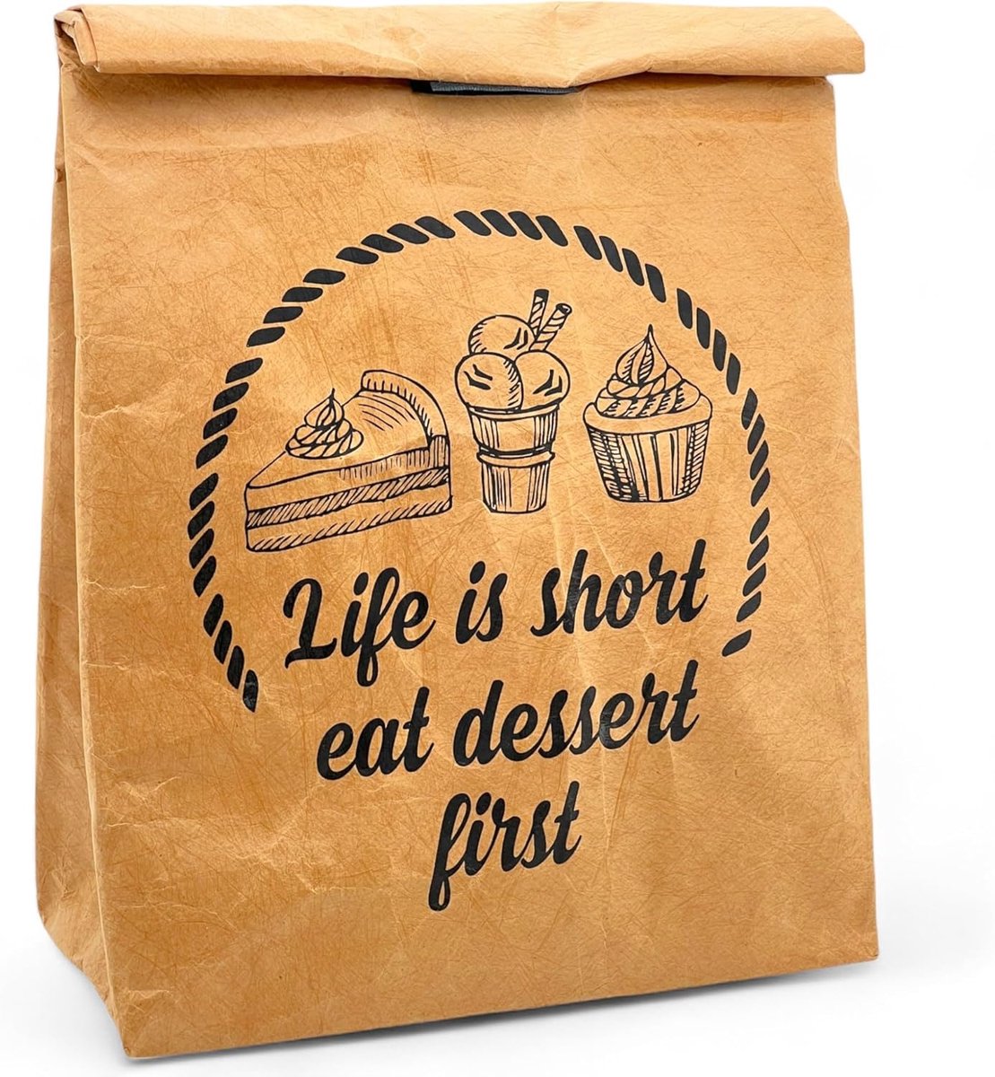 SnelShoppen - Retro Lunch Bag, Ontbijt Tas, Bruin, Geïsoleerd, Koude of Warme Cooler Tas met Sluiting, Herbruikbaar, Waterdicht (Eet Eerst Dessert)