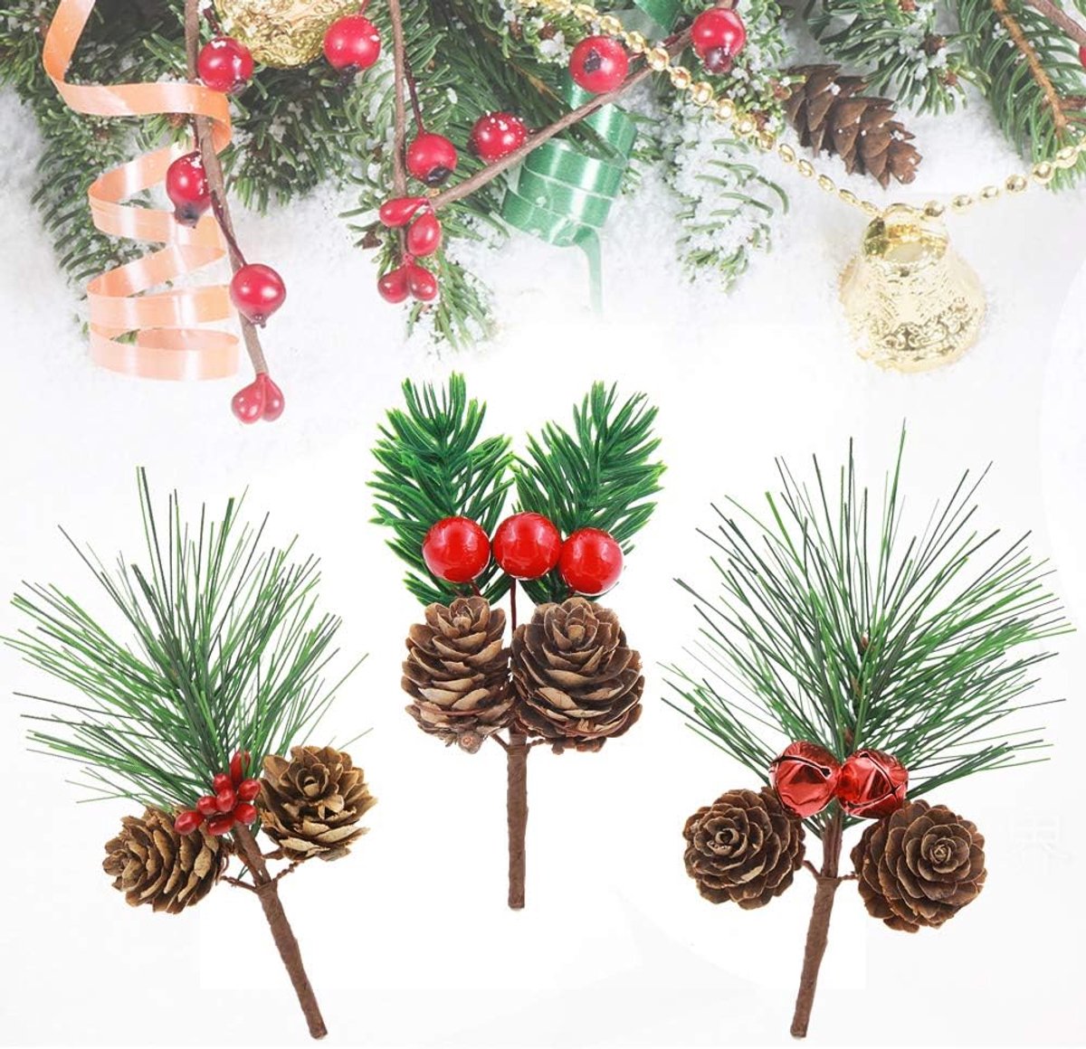 SnelShoppen - 9 Stuks Kerstdecoratie Bessen Dennentakken, Nep Rode Bessen, Dennenappels, Belletjes en Hulst Takken voor Kerstversiering, Kunststof, 17