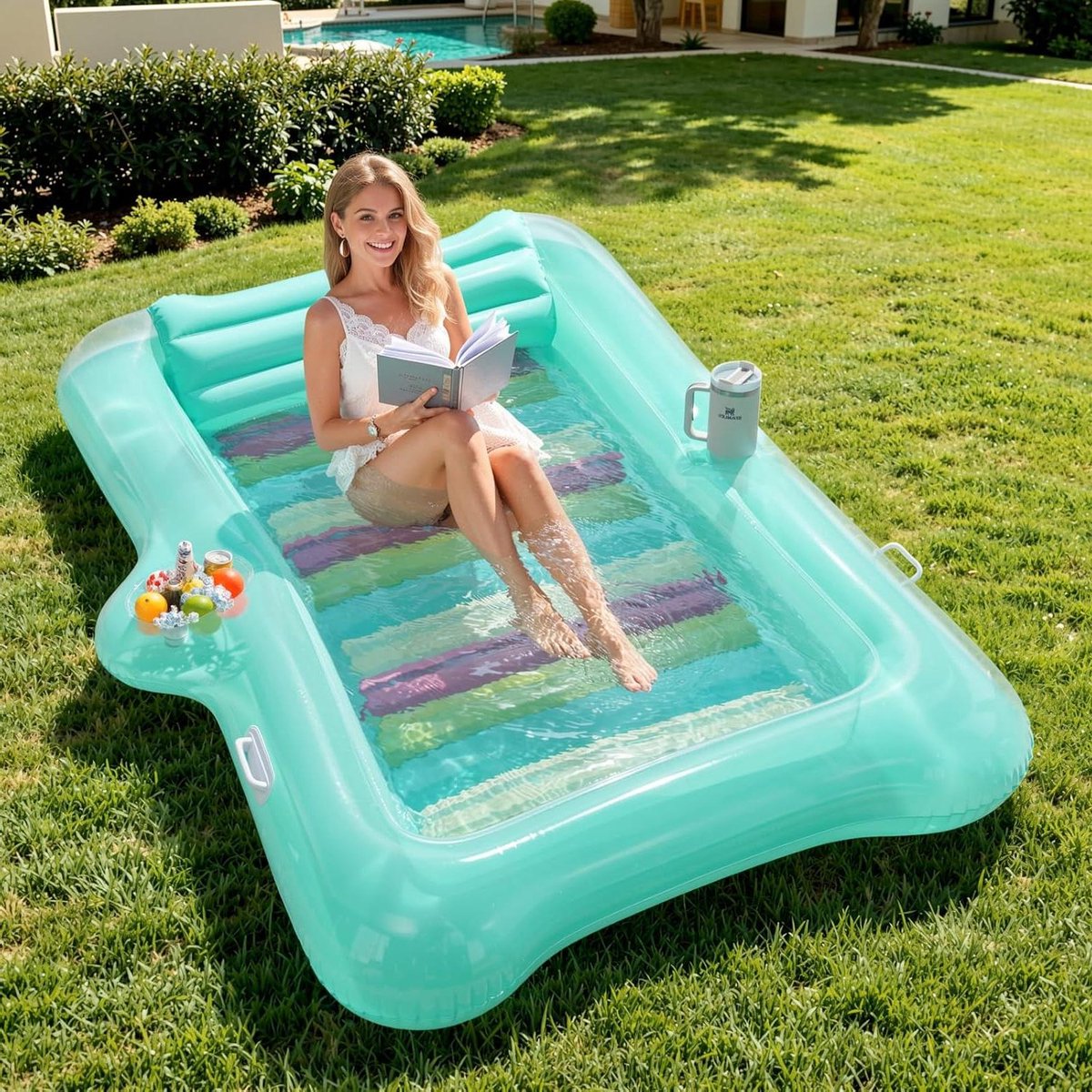 Opblaasbaar Luchtbed - Drijvend Bed - Zonnebaden Op Water - Met IJsemmer - 210 x 128 cm - Transparant Mintgroen