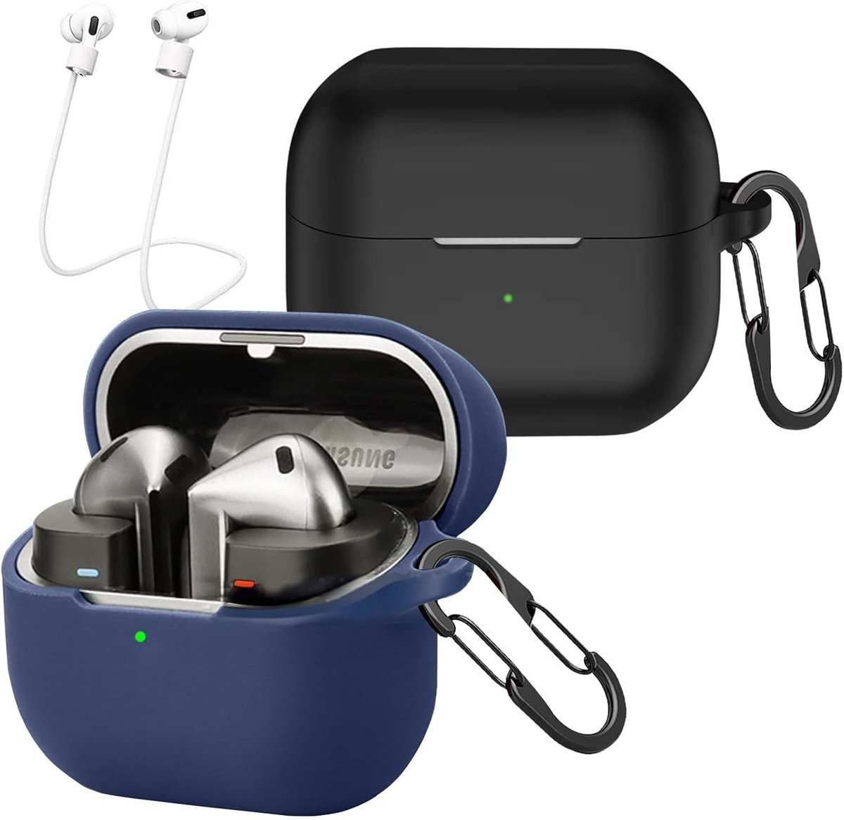 2 Pack Silicone Hoes voor Samsung Galaxy Buds3 FE/Buds 3/Buds 3 Pro met Carabiners, Schokbestendige Bescherming en Anti-verlies Straps - Zwart