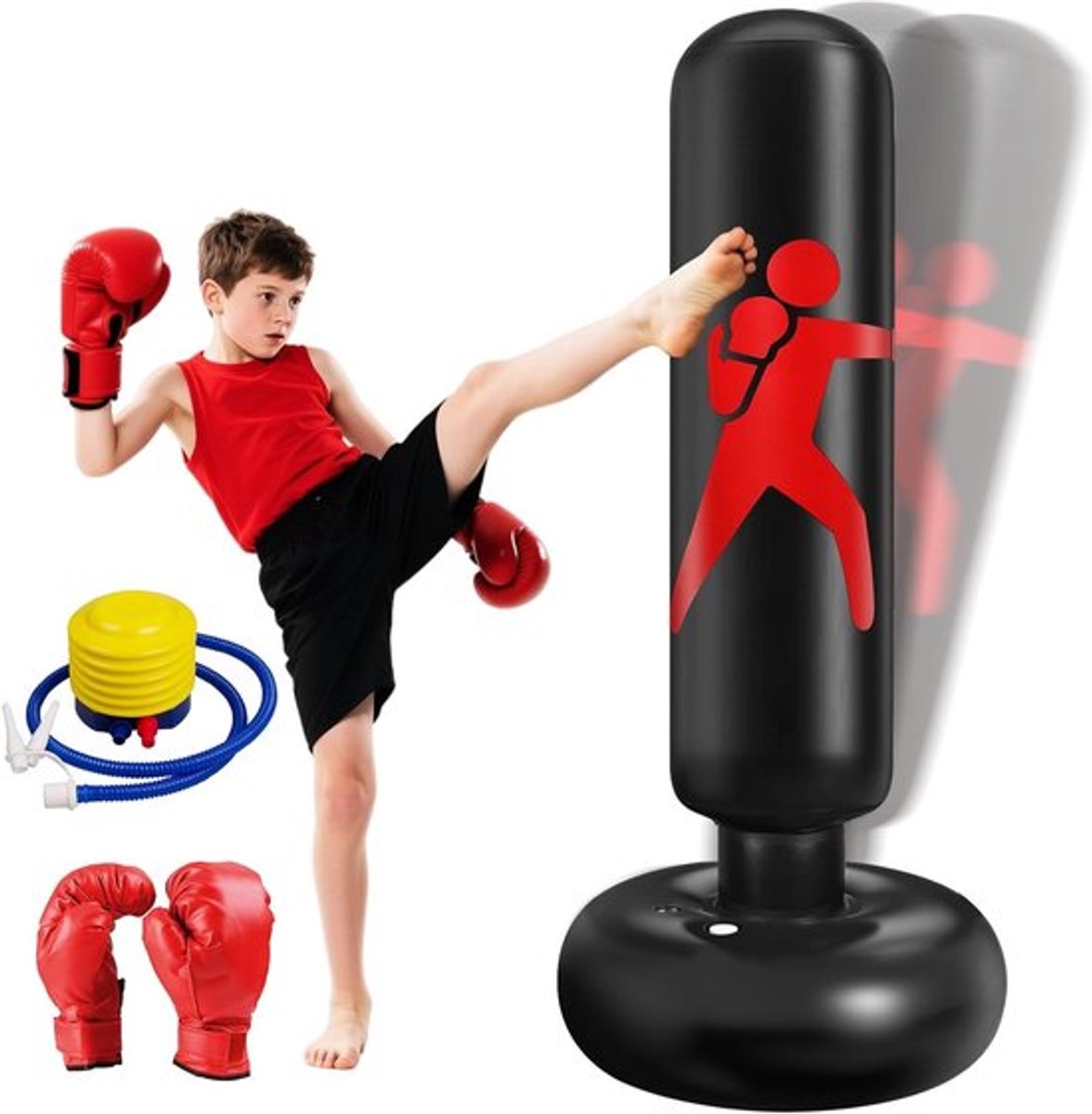 160 cm Kinder Bokszak met Handschoenen en Pomp, Ideaal voor Karate en Taekwondo, Geschikt voor Jongens en Meisjes van 3 tot 12 Jaar, Perfect voor Thuis en Kantoor