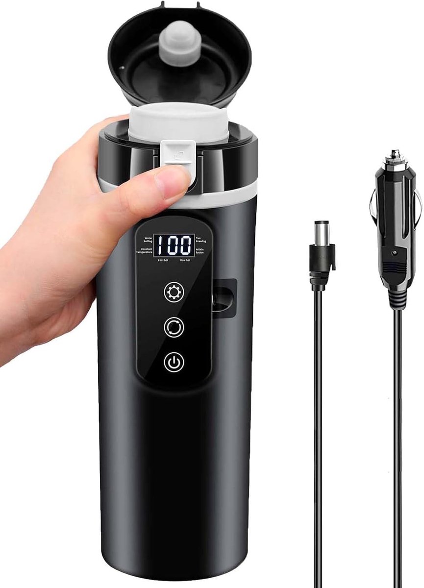 Autowaterkoker - Zwart Pro - 400 ml - Roestvrij Staal met Touchscreen - Voor 12V Voertuigen