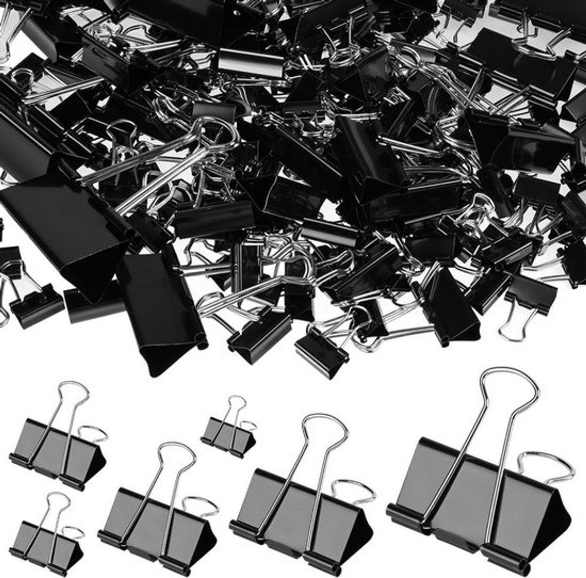 190 Stuks Vouwclips 15 mm tot 51 mm - Metalen Bindclips voor Documenten, Notities en Kantoorbenodigdheden