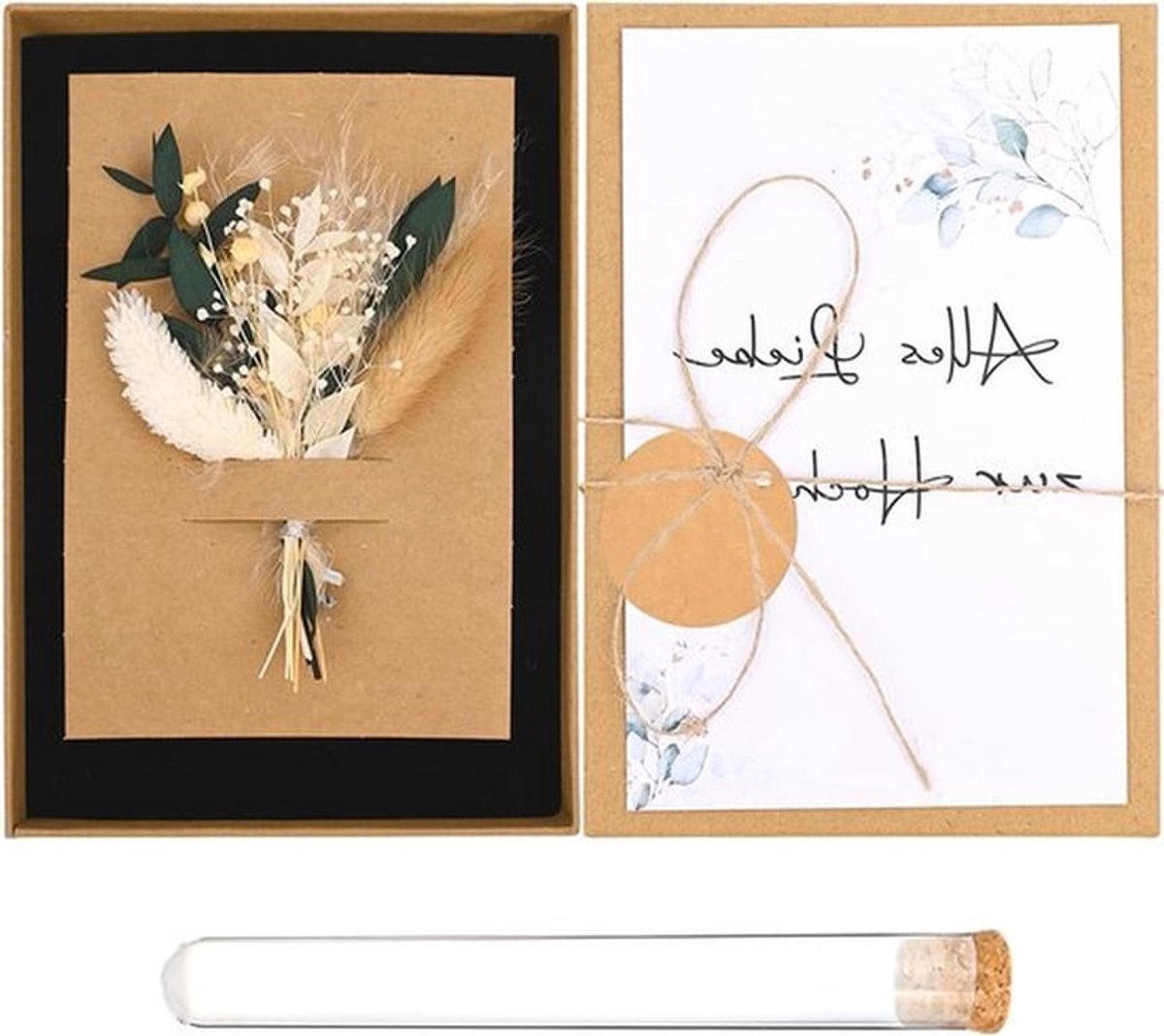 Dried Flower Geld Cadeau Set met Wenskaart, Plastic Testbuis en Kraft Papieren Doos voor Bruid en Bruidegom