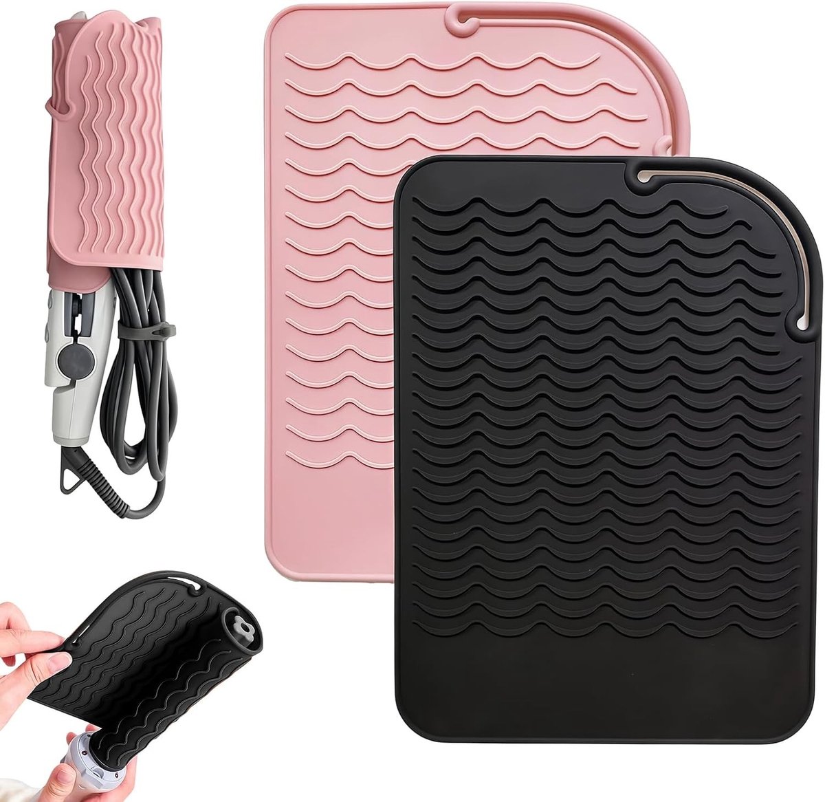 Thijox - Hittebestendige Siliconen Mat - Antislip Onderlegger voor Stijltang, Krultang & Föhn - 2 Stuks Zwart & Roze - Thermische Bescherming voor Bad