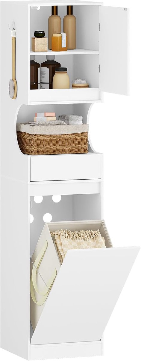 Hzuaneri Badkamerkast met wasmand, waskast met 1 lade, 174 cm, wit