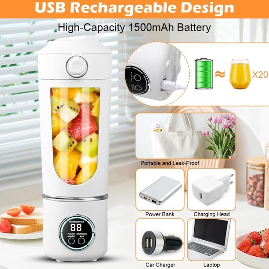 Draagbare Blender - Blender - 700ml - 12 Messen - Smoothie Maker - Mini Blender - LCD Display - USB-C - Smoothie Maker To Go - Elektrische Shakebeker - Draagbare Mixer voor Sport & Reizen - blender voor smoothies en shakes - Wit van Merkloos — afbeelding 3