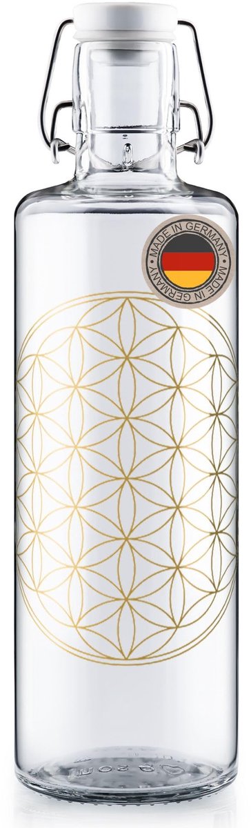 SnelShoppen - Drinkfles Flower of Life 1000 ml - Glazen fles 100% plasticvrij - Lekvrij met beugelsluiting - Ideaal voor yoga, kantoor, thuis en onder