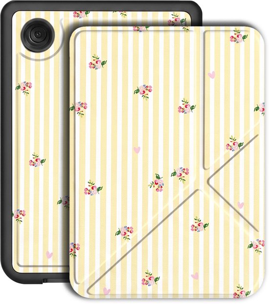 E-reader hoes met gele en witte strepen en een print van kleine bloemetjes en roze hartjes. De achterkant van de e-reader is zichtbaar.