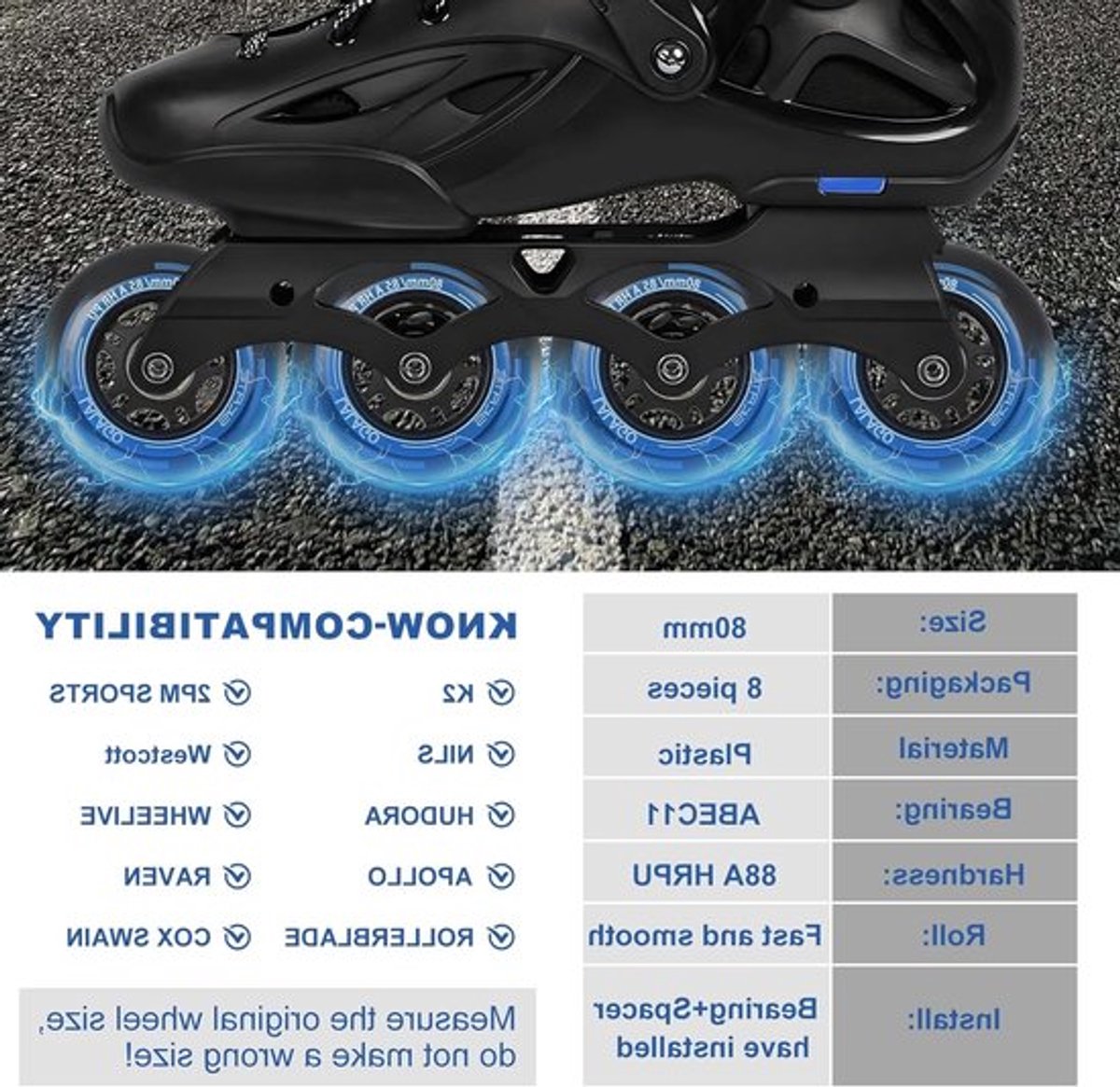 Inline Skate Wielen 80mm, 8 Stuks 88A Hardheid, Met ABEC 9 Lagers, Voor Binnen en Buiten Gebruik