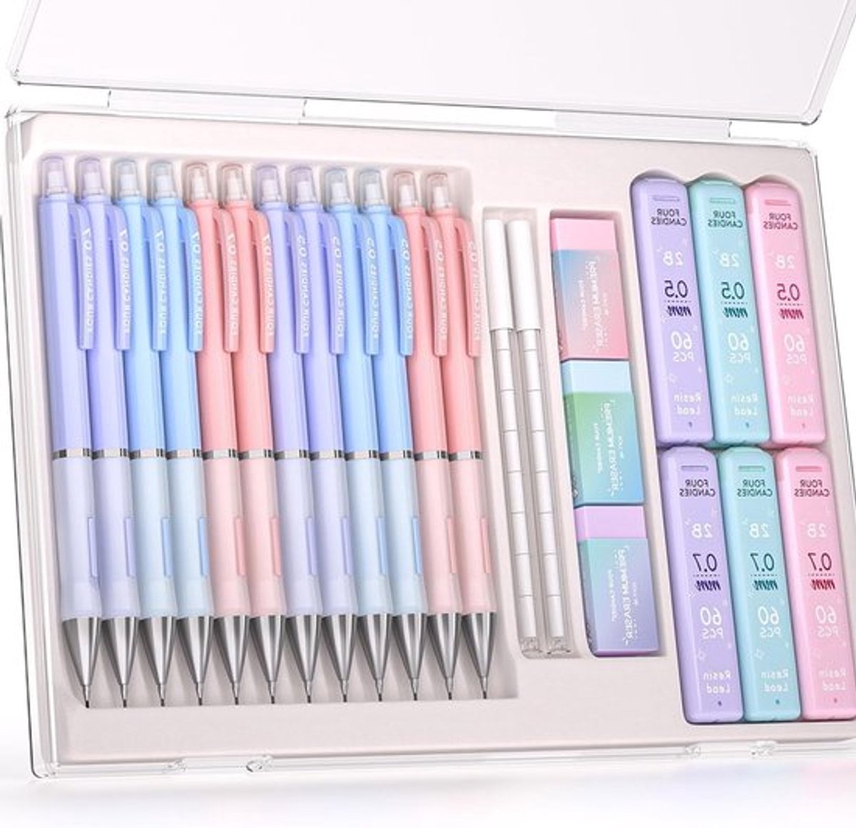 Pastel kleurige mechanische potloodset met 0.5 en 0.7mm vullingen, ideaal voor tekenen en schrijven