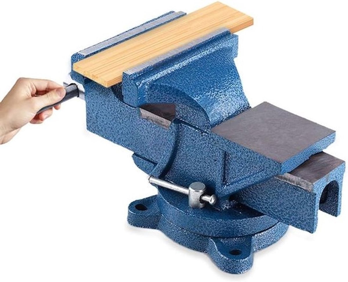 Zwenkbare zware tafelvice van 150 mm met gietijzeren klemmen, stalen kaken en anvil voor veilige bevestiging van werkstukken