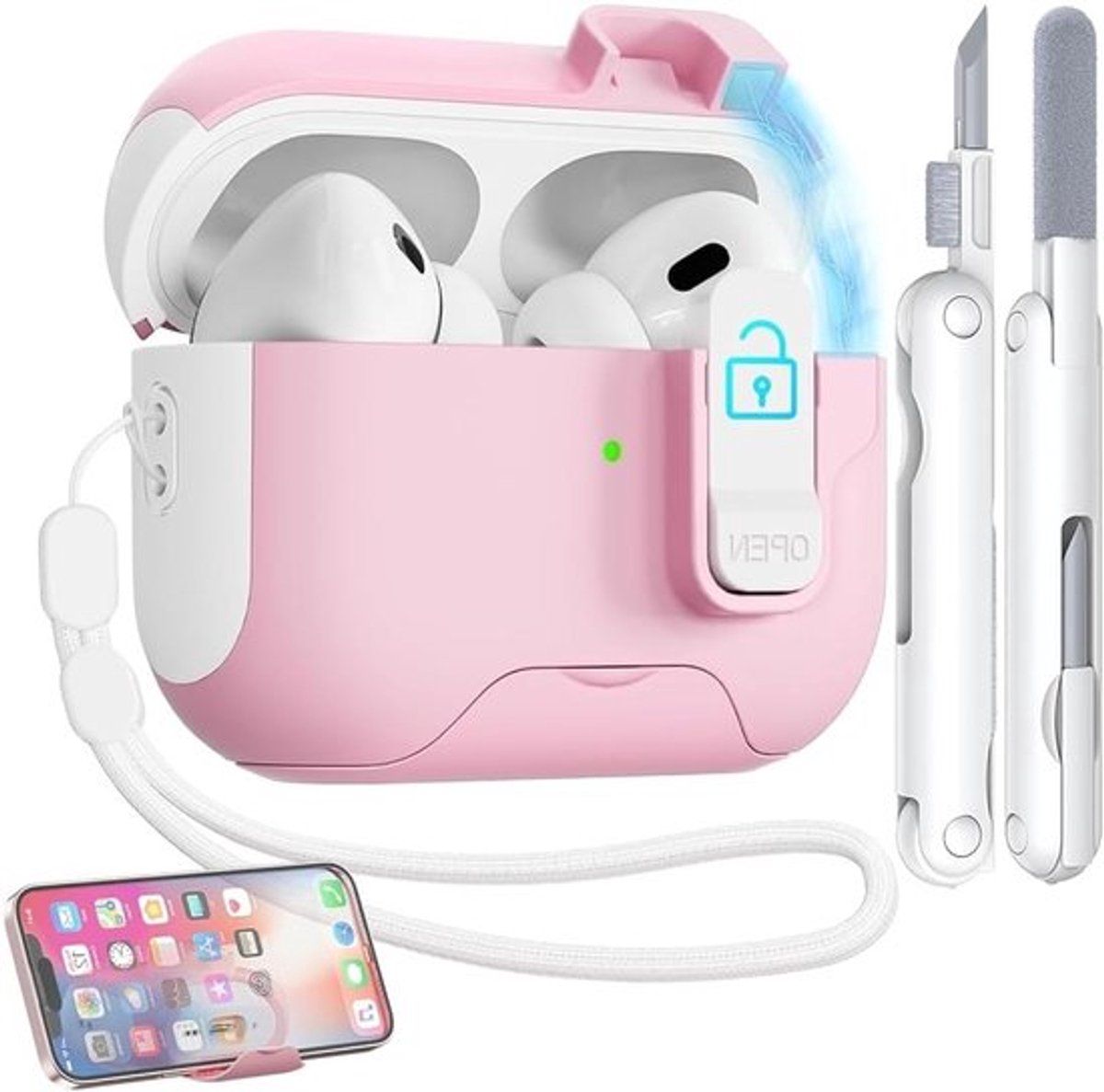 Veilige en Beschermende Hoes voor AirPods Pro 2 met Telefoonstand, Reinigingspen en Lanyard - Ideaal voor 2019, 2022, 2023