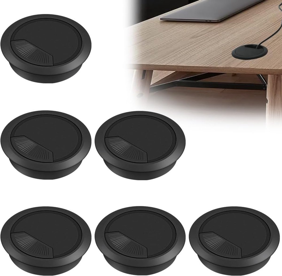 SnelShoppen - Set van 6 Bureau Kabeldoorvoeren Ø60mm, Ronde Desk Cable Grommets, Kabeldoorvoeren voor Thuiswerkplek, Zwart, Kabelbeheer, Bureau Access
