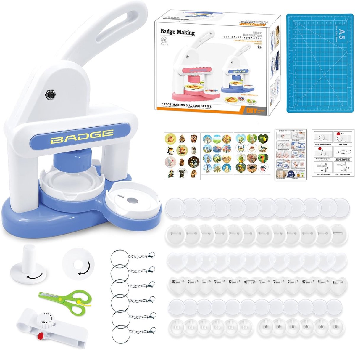 Button Machine with 85 Accessories and Circle Cutter for DIY Badges for Kids, Blue - ShopVlot