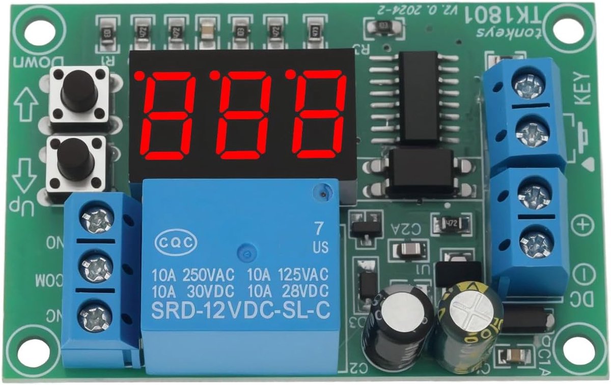 SnelShoppen - LED Countdown Timer 3 Digit Display - Tijdrelais voor Alarmklok, Spellen, Speelgoed - 12V, 1-999 Seconden, Compacte Maat 60x40x17mm