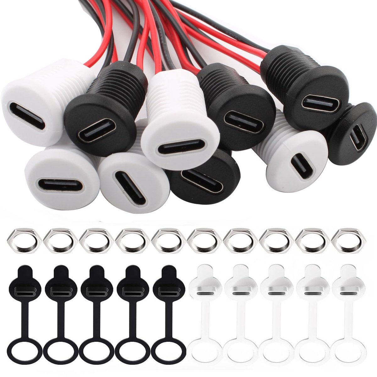 SnelShoppen - 10 Stuks USB C Connector Voor Solderen, Vrouwelijke Plug, Ronde USB C 2 Vrouwelijke Connector Paneel, 150mm 24AWG Met Stofkap En Moeren,