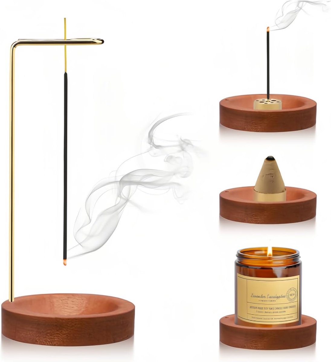 SnelShoppen - Incense Stick Holder 2 in 1 - Handgemaakte 9 Gaten Houten Incense Burner Set - Ideaal voor Yoga, Meditatie en Decoratie (Bruin)