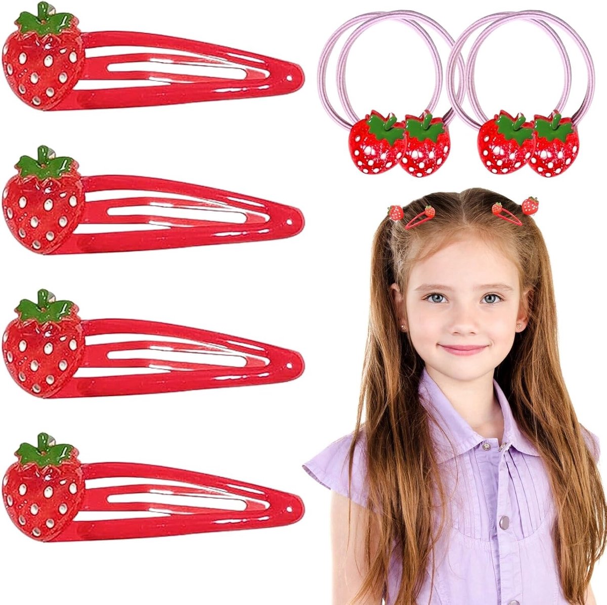 SnelShoppen - 8-delige Haaraccessoires Set Aardbei Haarclips voor Kinderen, Aardbeien Haarband en Ponytail Elastiekjes, Schattige Fruit Haarspeldjes v
