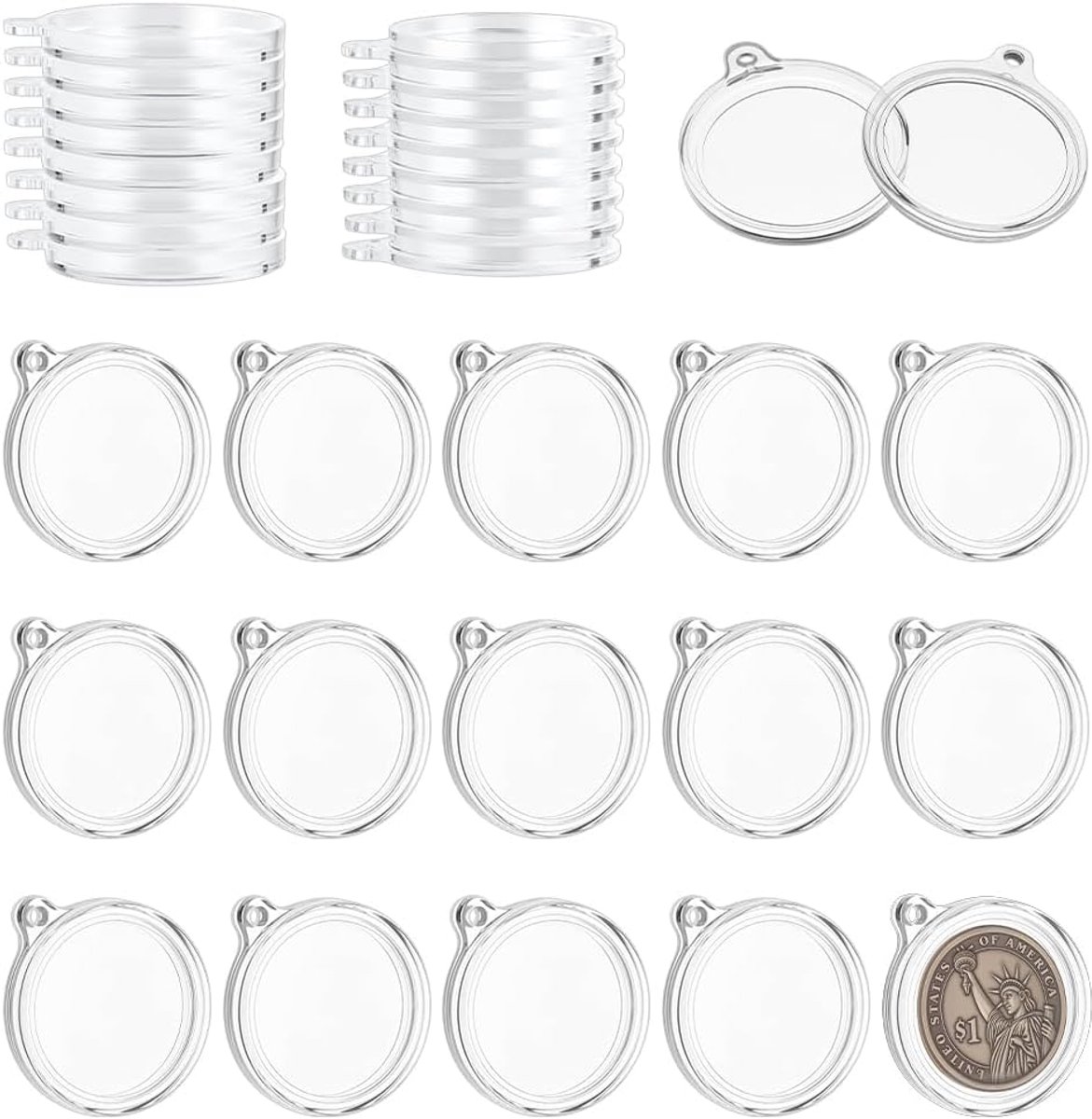 SnelShoppen - 24 Stuks Transparante Munt Houder Sleutelhanger Doos 30mm Binnen Diameter Ronde Acryl Herdenkings Munt Bescherming Waterdicht Display vo