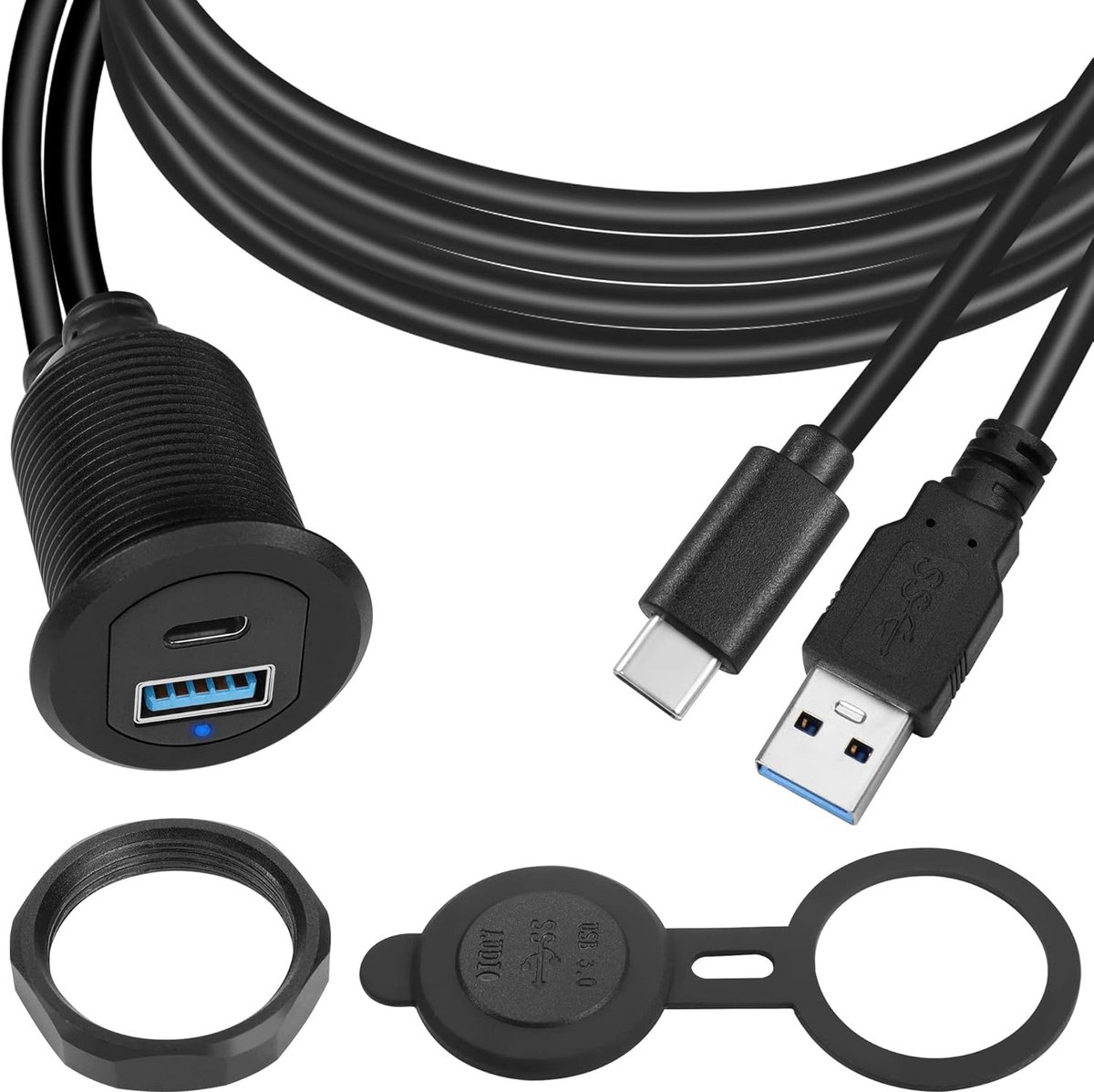 Schroefdraadbevestiging waterdichte USB C & USB 3.0 kabel 5 Gbps - paneel montage auto boot motorfiets - 2 m