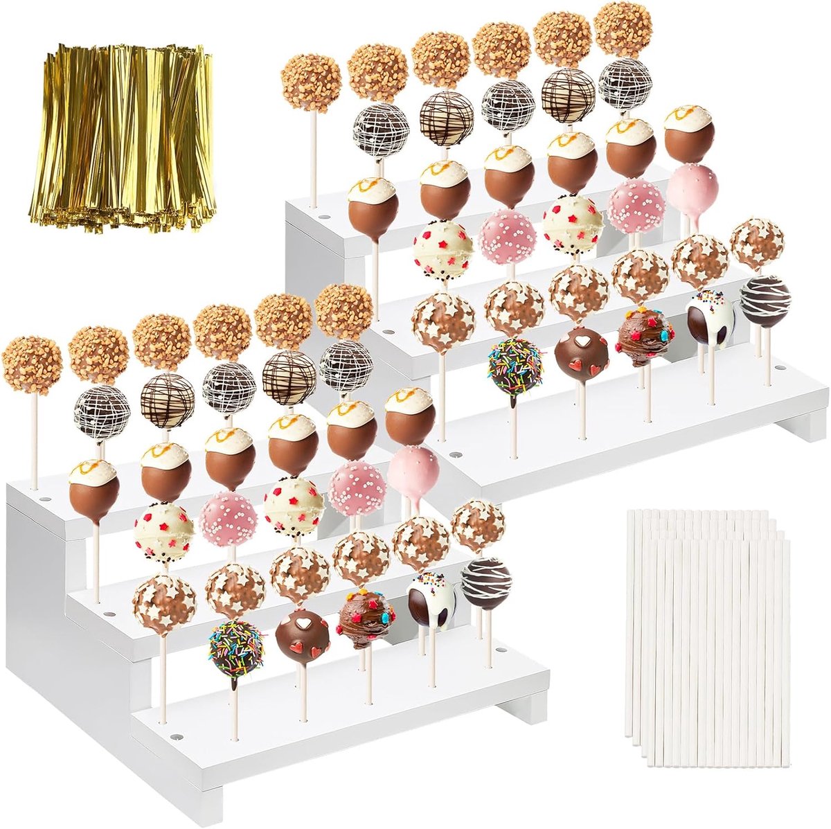 SnelShoppen - 2 Stuks Cake Pop Stand, Lollipop Houder met Draaitouwtjes, Houten Lollipop Sticks, 3-Laags 33 Gaten, Lollipop Stand voor Dessert Tafel,
