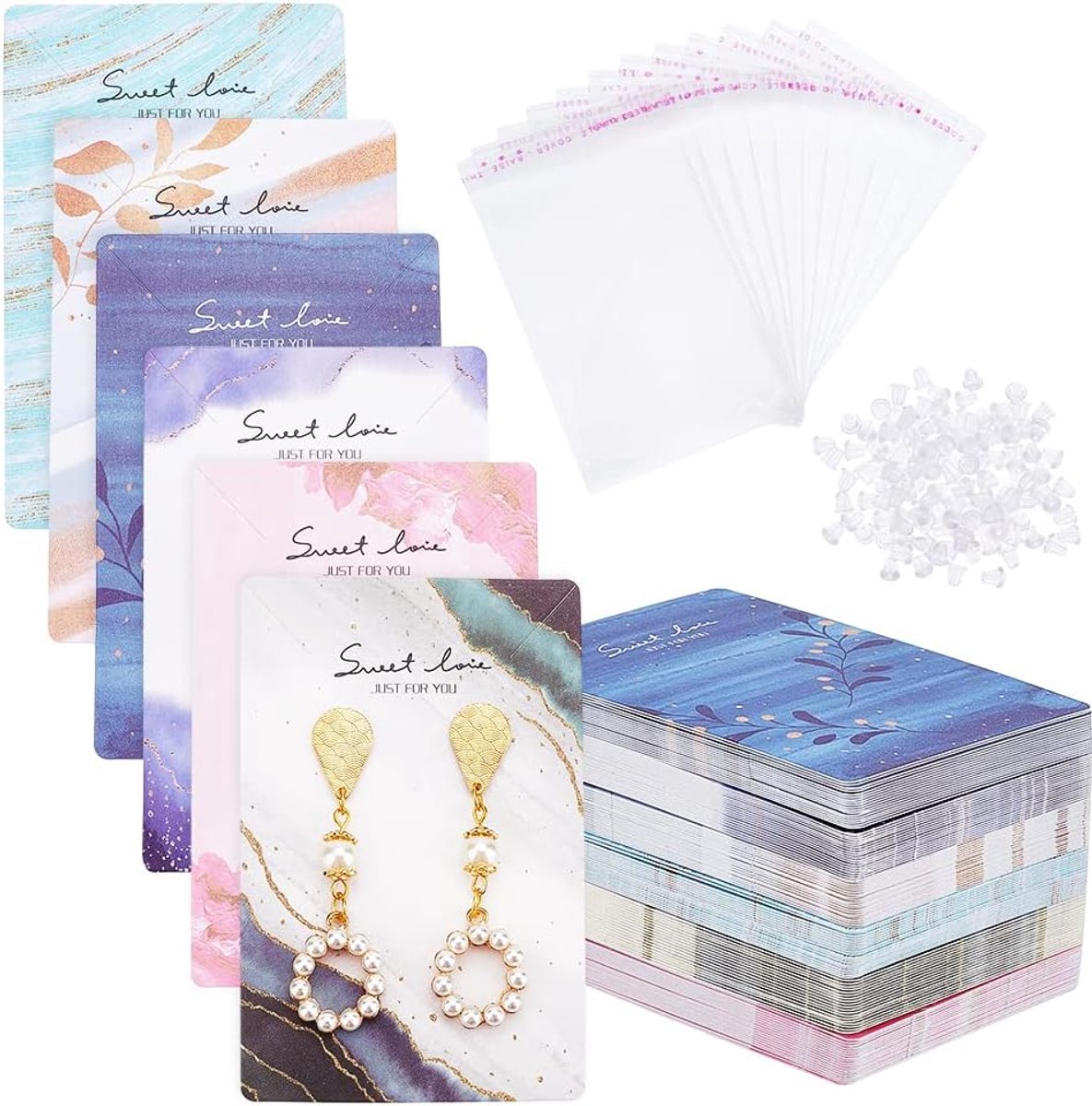 SnelShoppen - 100 Stuks Sieraden Display Kaarten in 5 Stijlen met 20 Witte Kartonnen Sieraden Dozen, 240 Oorbellen Moeren en 120 OPP Tassen voor DIY O