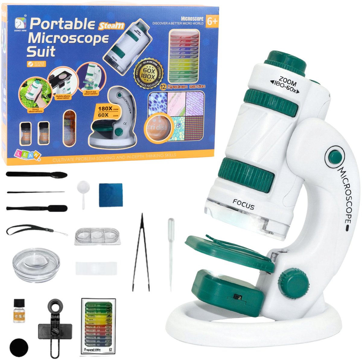 Draagbare educatieve microscoop voor kinderen 2 in 1 60x/180x accessoires