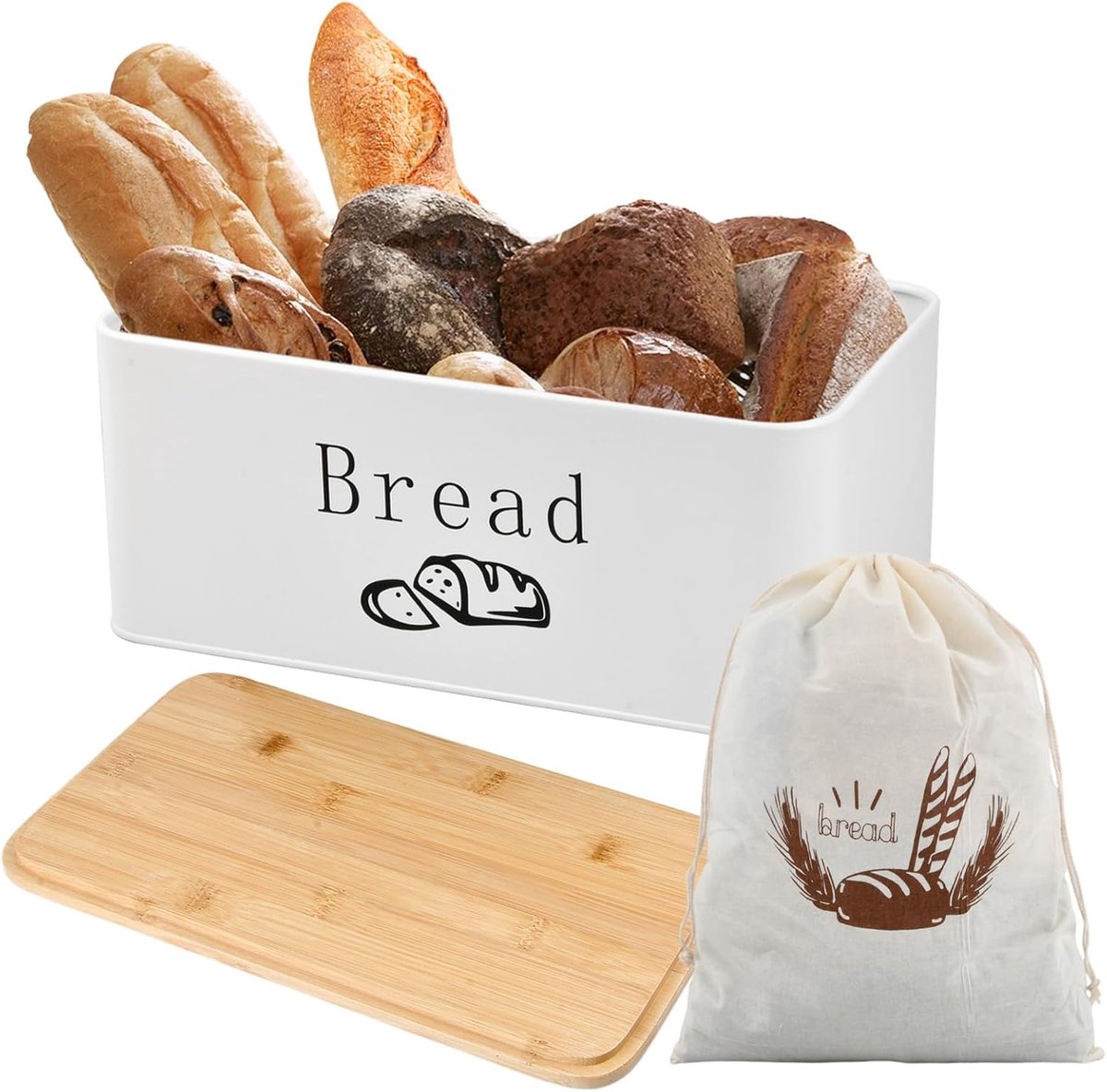 SnelShoppen - Retro Broodtrommel met Deksel, Broodopbergdoos met Snijplank en Broodzak, Wit, Voor Brood, Broodjes en Bakwaren, Duurzame Opslag, Keuken
