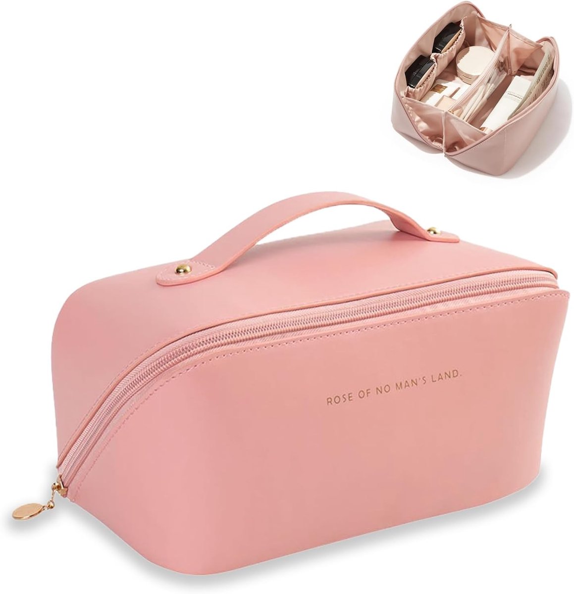 SnelShoppen - Grote Reismake-up Tas voor Vrouwen, Waterdichte Toilettas van PU Leer, Open Flat Make-up Organizer met Handvat, Roze, Ideaal voor Reizen