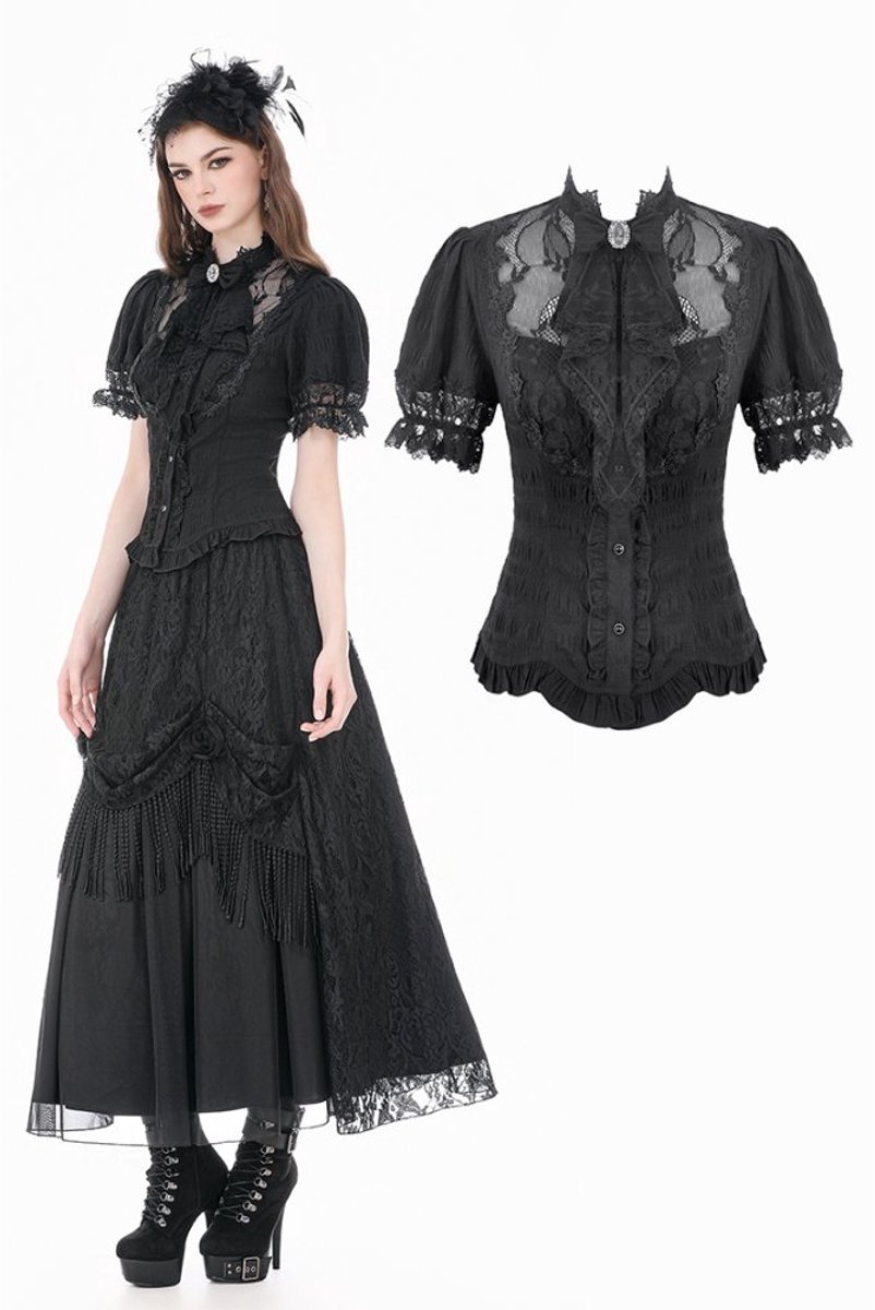 Dark in Love - Lolita with Pinstripe Texture, Guipure Lace and Detachable Cameo Bow Blouse - M - Zwart