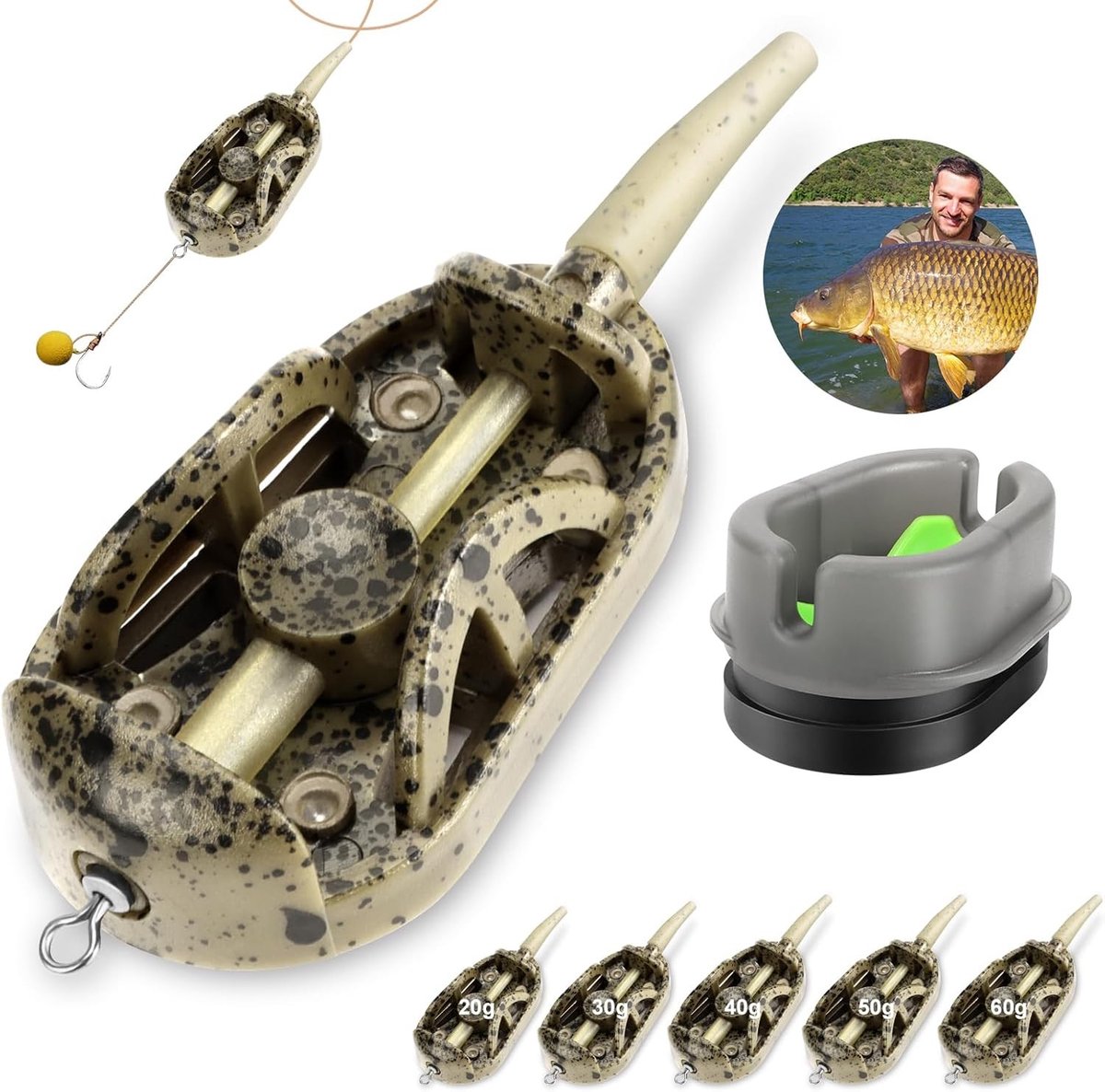 5-in-1 Method Feeder voor Karpervissen, Inline Lead Feeder met Gewichten van 20g tot 60g, Ideaal voor Pellets en Basisvoer