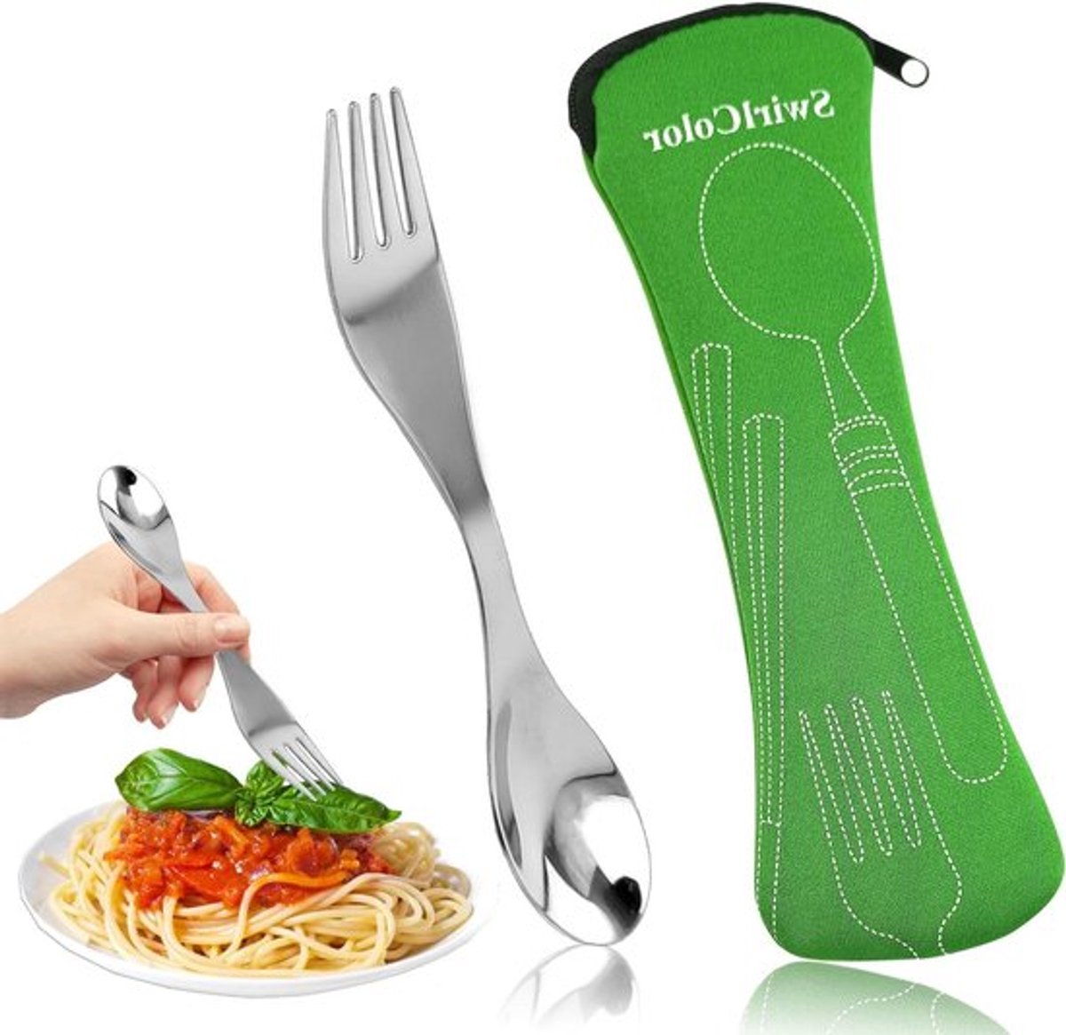 Campingbestek Herbruikbaar RVS Draagbaar Bestekset met Opbergtas voor Picknick en Buitenshuis (Groen)
