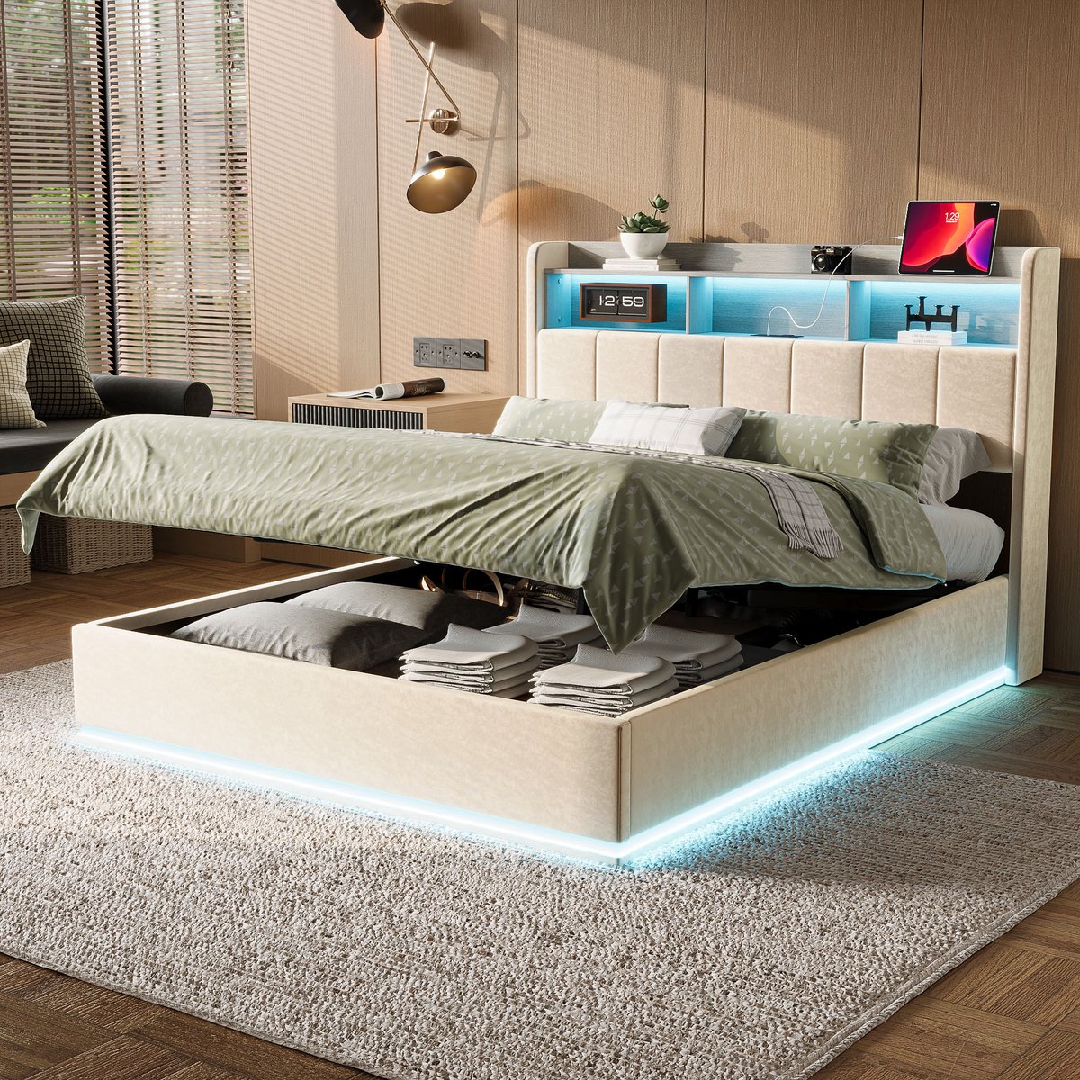 Opbergbed 140x190 cm, Tweepersoonsbed Gstoffeerd met ledverlichting, EU- en USB-aansluitingen, gewatteerd hoofdbord met opbergruimte, met lattenbodem, bedframe 140x190 voor tieners, fluweel Beige