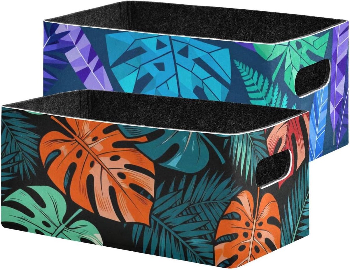 Opbergmanden Vilt - Decoratieve Bakken - Thuis Organiseren - Stevig Leren Handvat - 25x16x12 cm - Tropische Bladeren