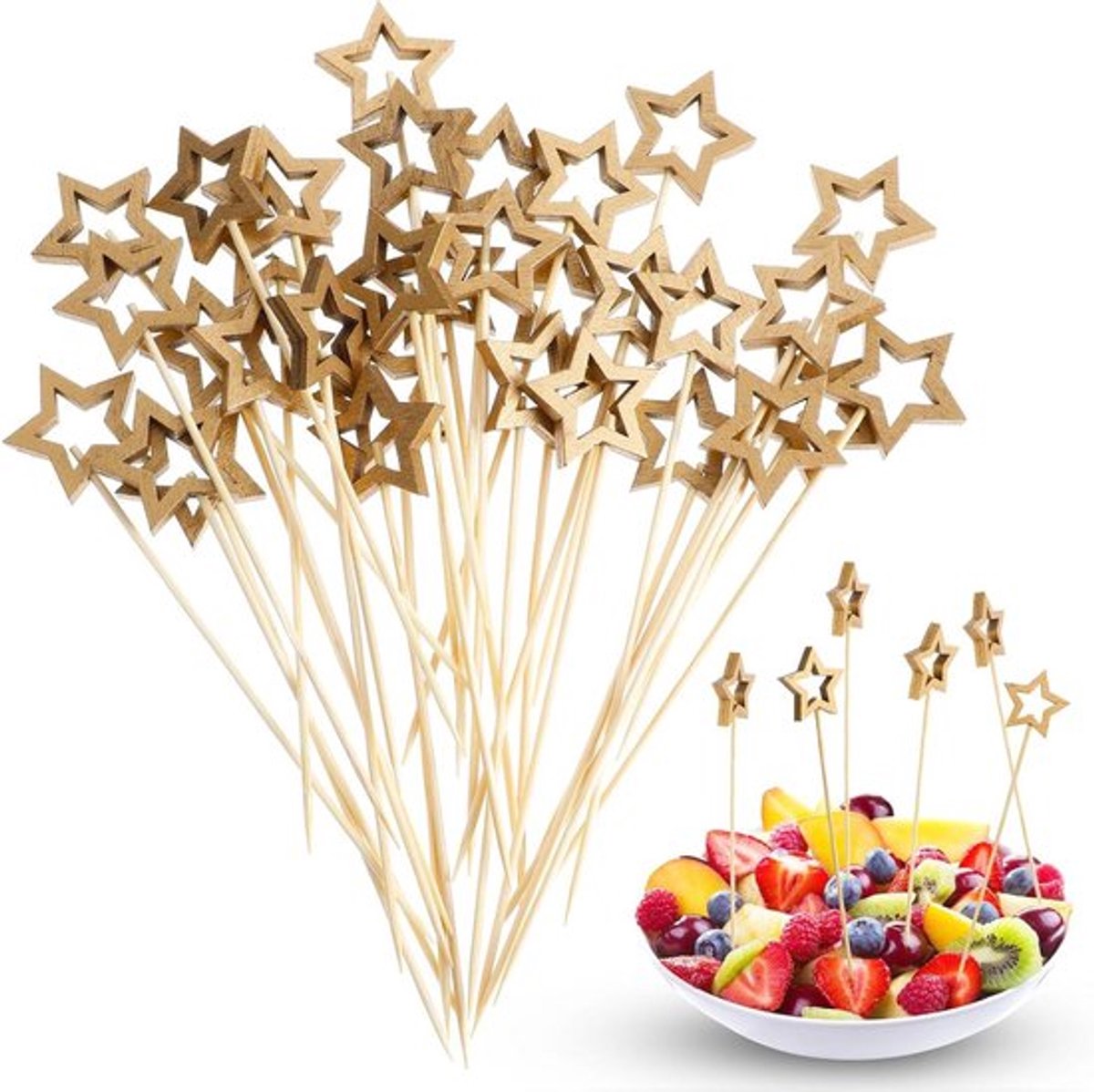 50 stuks natuurlijke houten stervormige cocktailprikkers, ideaal voor fingerfood en feestelijke hapjes, duurzaam en eenvoudig in gebruik