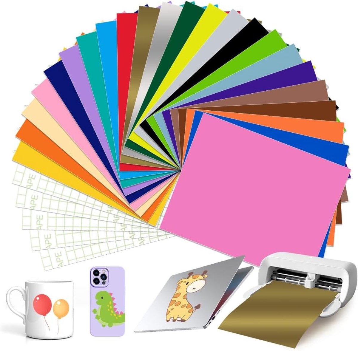 Slimme Zelfklevende Vinyl in 23 Kleuren voor Cricut Joy Xtra - Permanente Vinyl Film met 5 Transferfilms voor DIY Creaties en Knutselprojecten, 24 x 30.5 cm